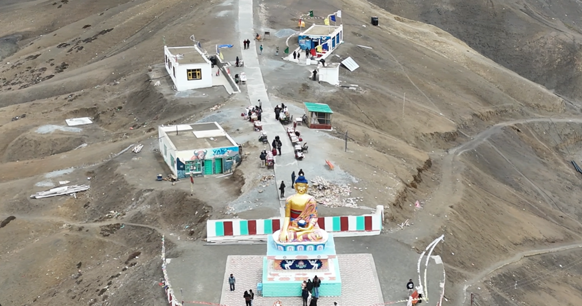 Drone view above the Langza Buddha statue and village path in Spiti