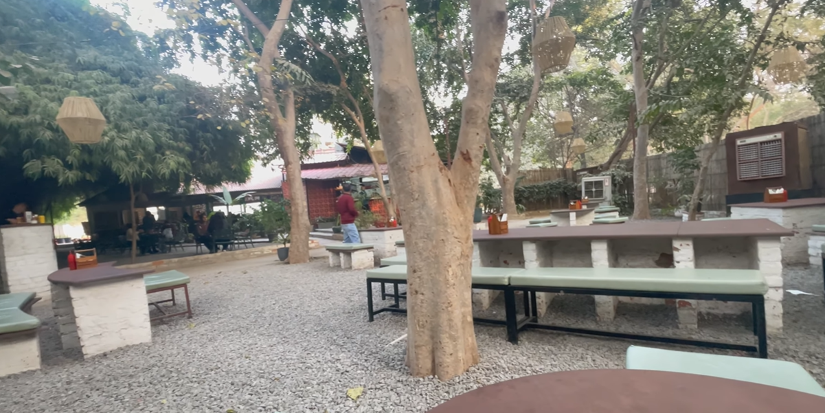 Outdoor tables and benches under mature trees at Roots Cafe Gurgaon