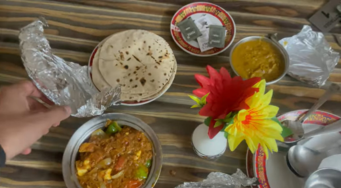 Paneer, dal and rotis served for dinner at Hotel The Spiti Kaza