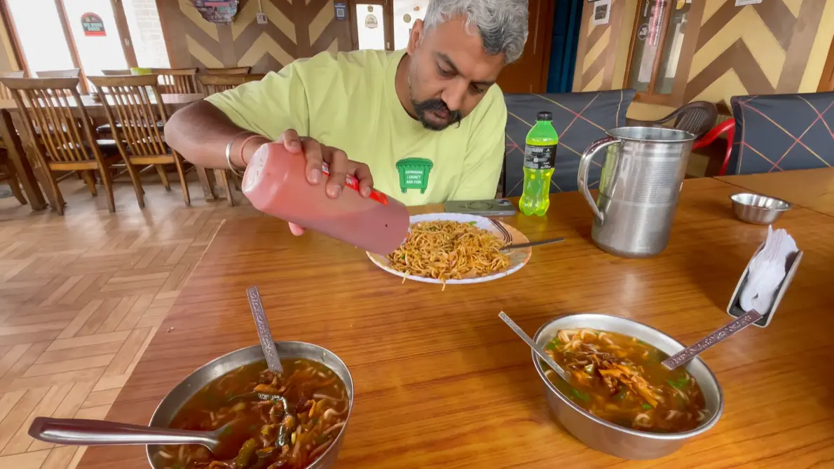 Mixed noodles and bowls of vegetable thukpa served at Khosh Dhaba in Nako