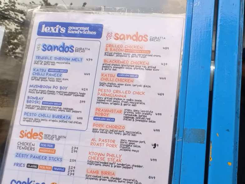 Lexi's Gourmet Sandwiches Gurgaon menu showing sandwich prices