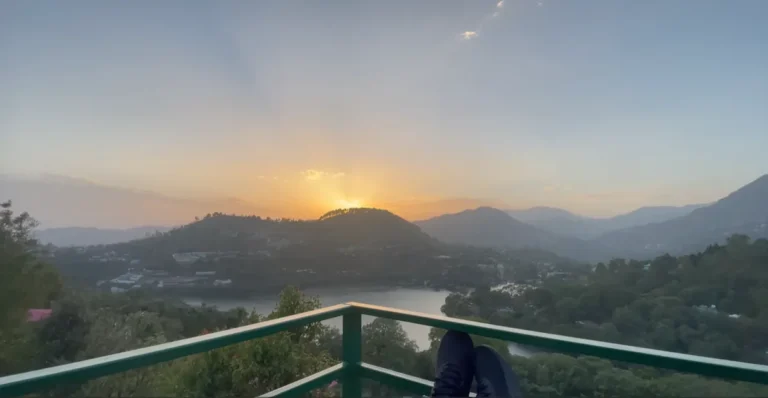 Sunset over Naukuchiatal lake and surrounding hills from our balcony