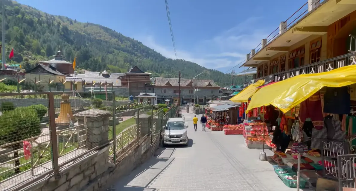 Market lane beside Bhimakali Temple in Sarahan with shops and temple grounds