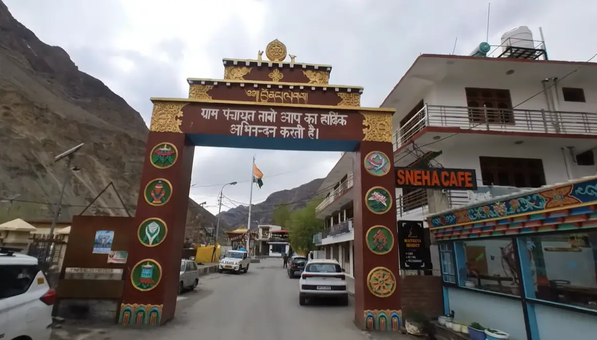Tabo Spiti travel guide view of the decorated village entrance arch.