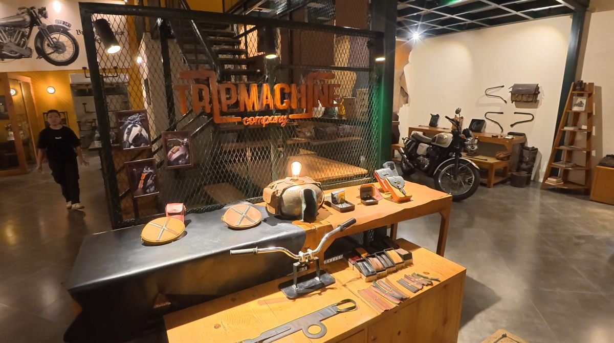 Trip Machine Cafe showroom in Gurgaon with motorcycle accessories and riding gear