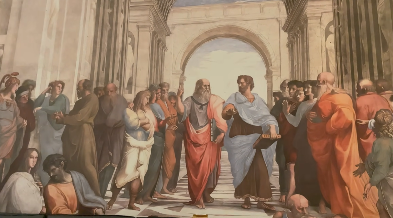 Classical School of Athens style mural covering a wall at Begeterre Gurgaon