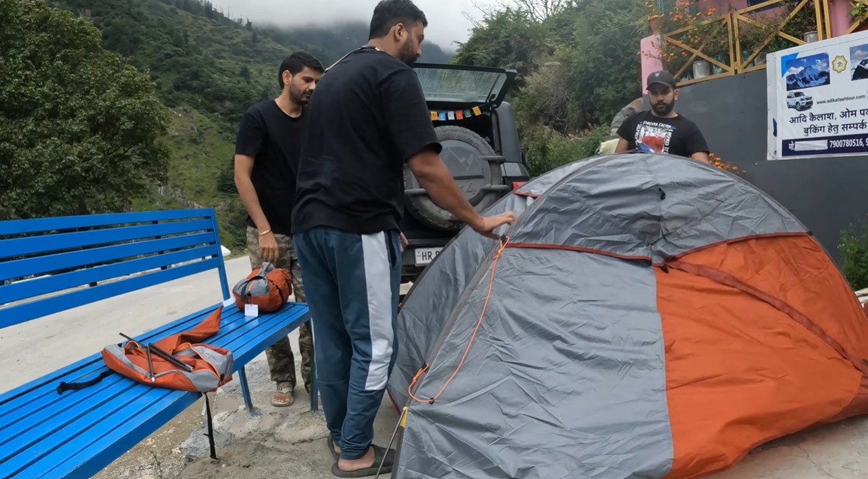 Setting up our tent near Budhi village on the Adi Kailash route