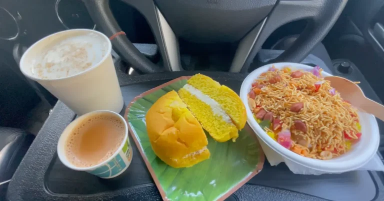 Gurgaon breakfast of bun makkhan, poha, mattha and tea served in a car