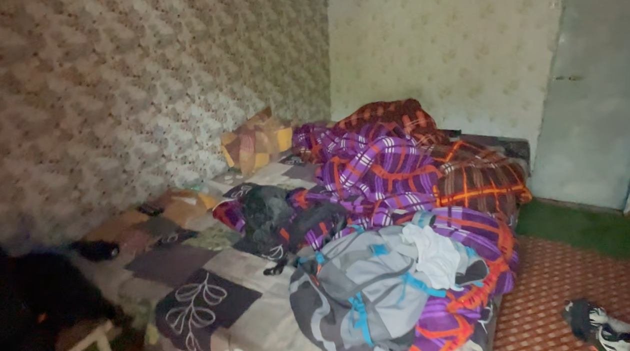 Simple homestay room with bedding and bags for three people