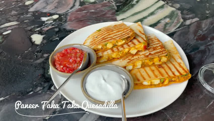 Paneer Taka Taka quesadilla with salsa and dip at The Sunroom